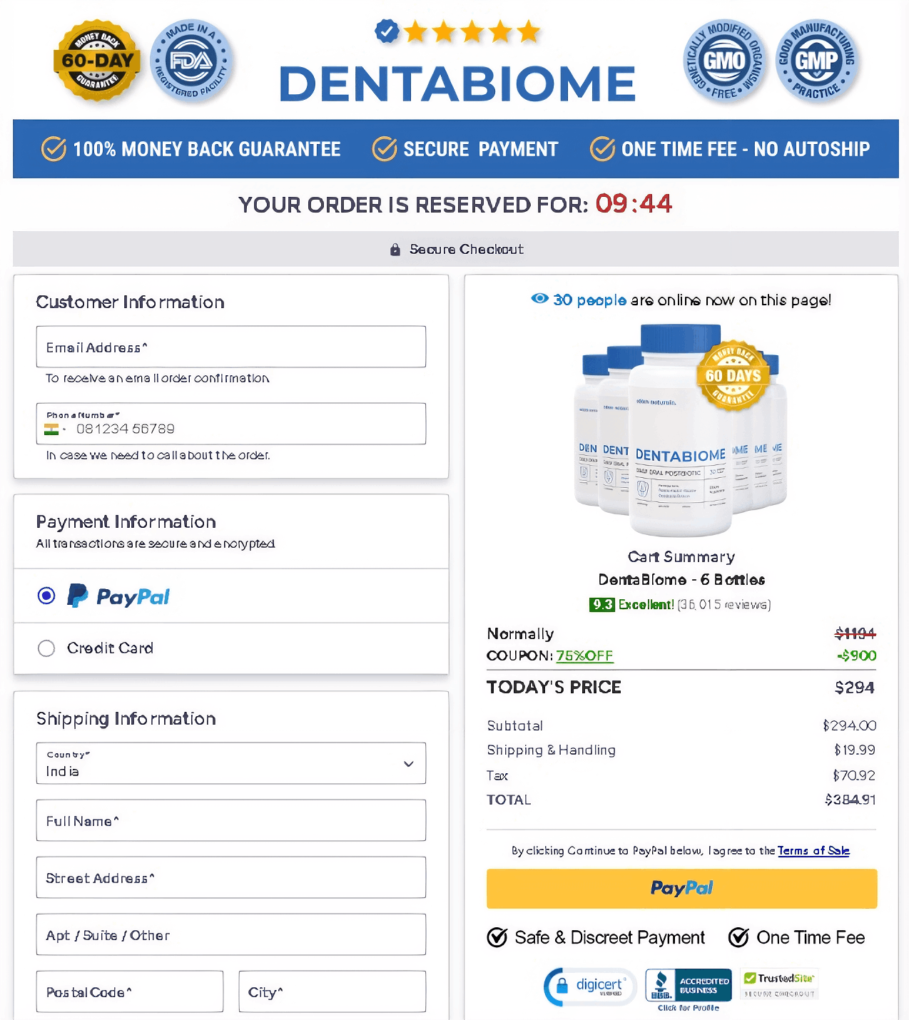 DentaBiome checkout page 